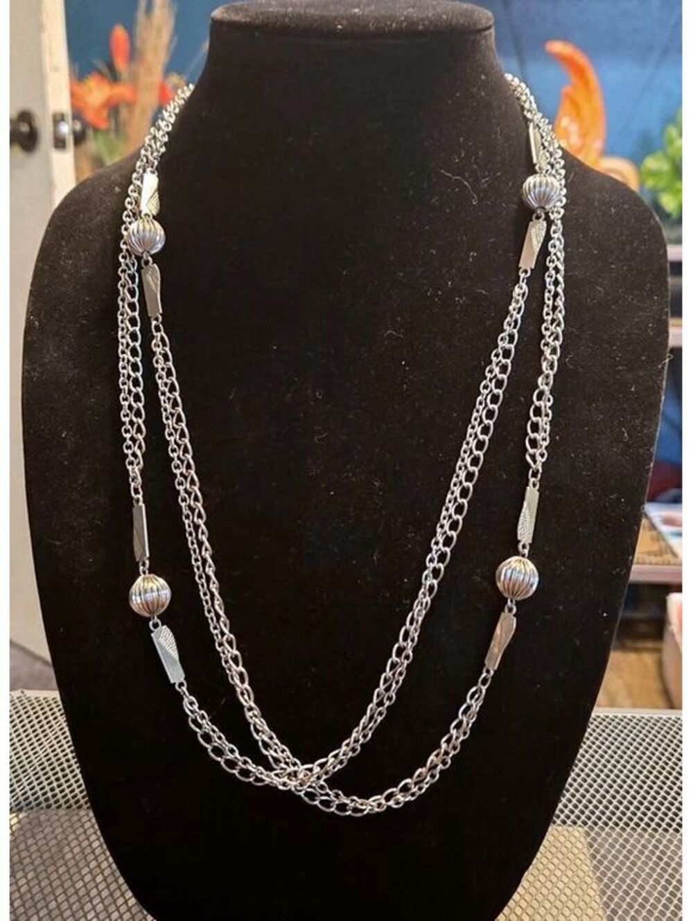 Vintage Silver Tone Long Station Necklace With Textured Orb Beads And Chain